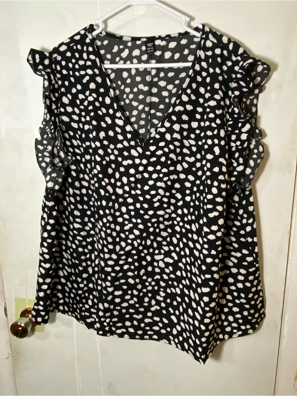 Black with White Spot Ruffle Sleeve V-Neck Blouse